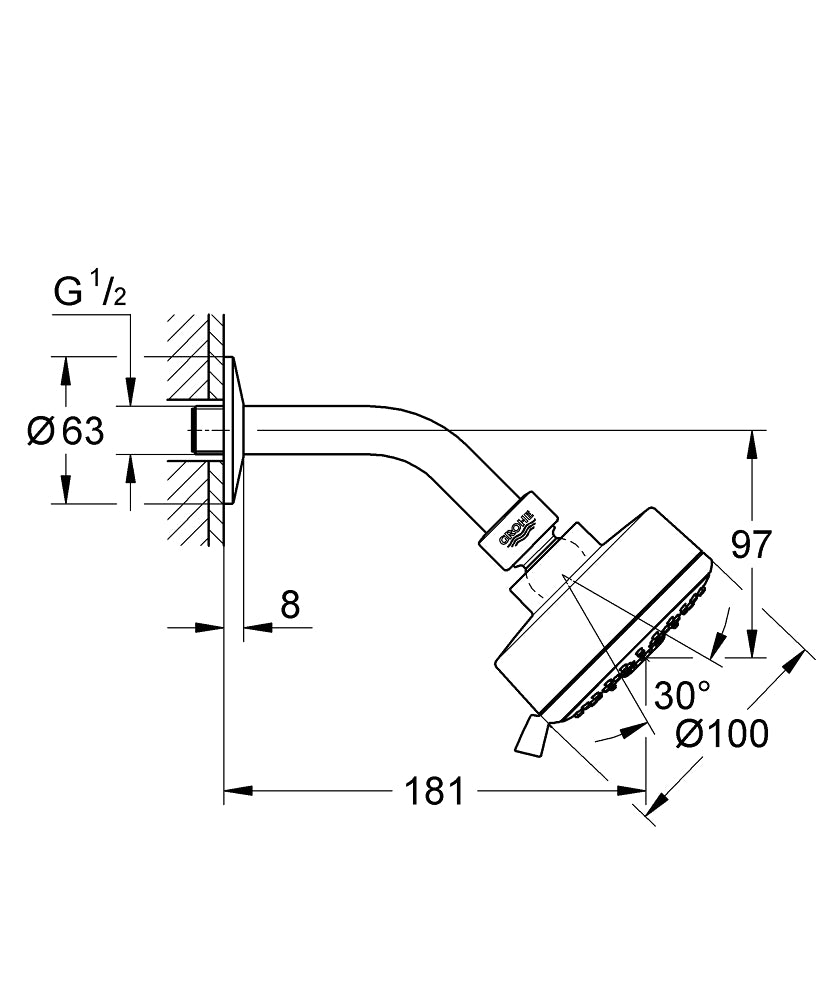 Grohe Tempesta Cosmopolitan 100 Tepe Duşu 4 Akışlı 27869001 teknik çizim