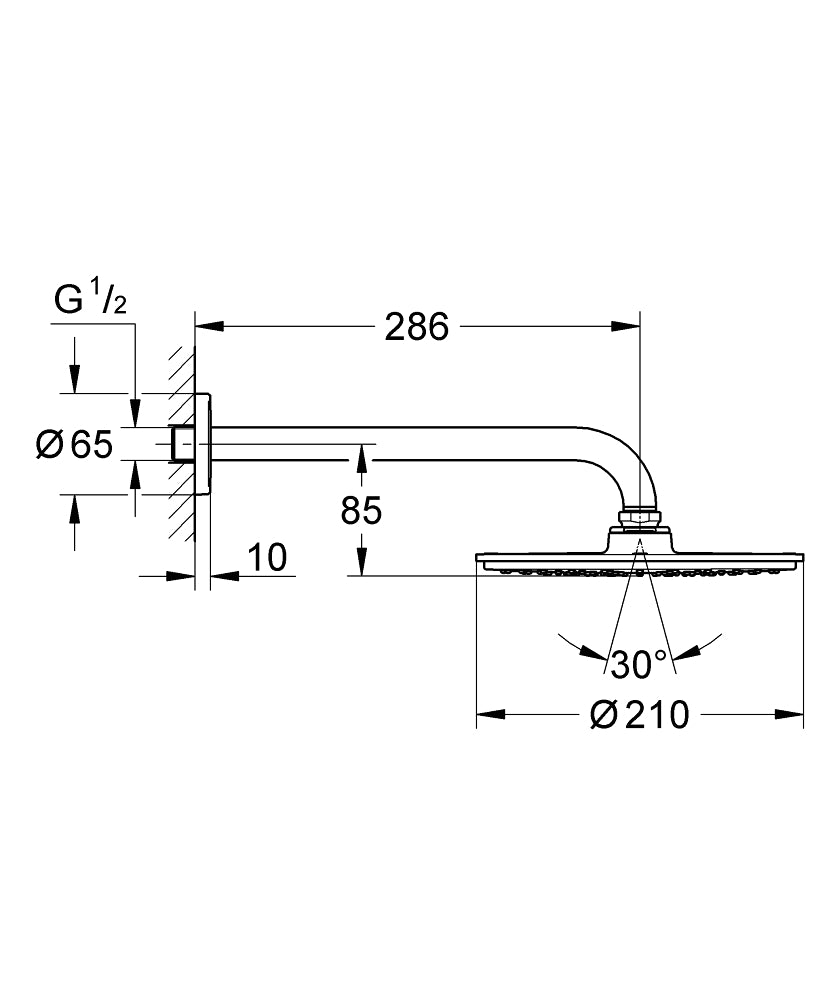 Grohe Rainshower Cosmo. 210 Tepe Duşu Seti 286 mm, 1 Akışlı-26062000 teknik çizim