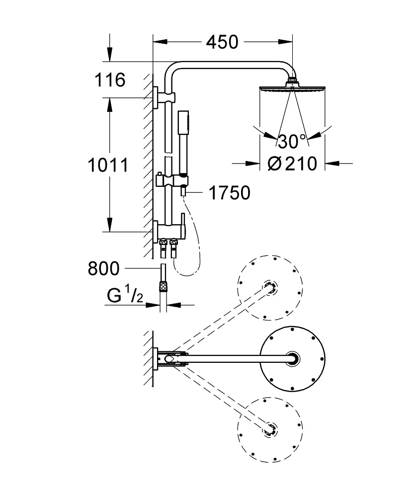 Grohe Rainshower® Duvara Monte Yöndeğiştiricili Duş Sistemi - 27058000 teknik çizim