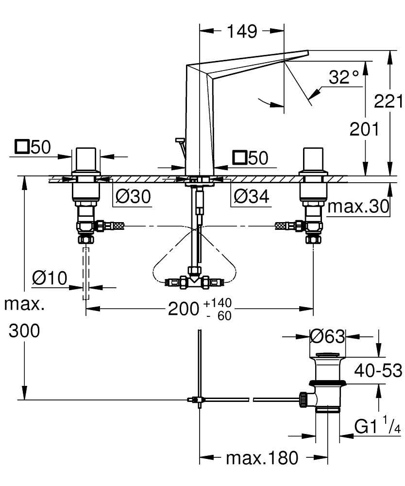 Grohe Allure Brilliant 3 Delikli Lavabo Bataryası L-Boyut - 20627000 teknik çizim