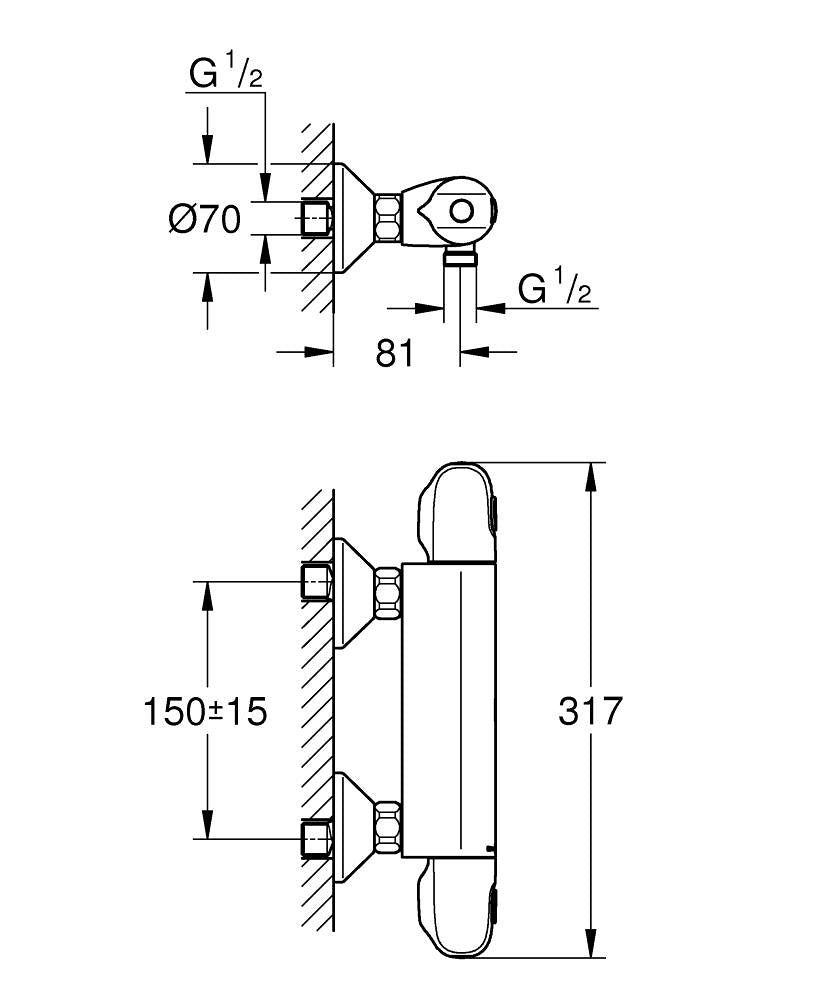 Grohe Grohtherm 1000 Termostatik Duş Bataryası Mat Siyah - 348142433 teknik çizim