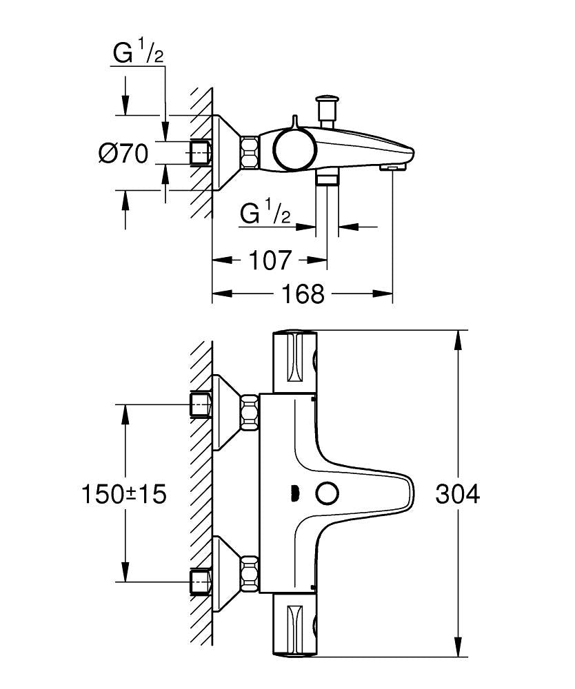 Grohe Grohtherm 800 Termostatik Banyo Bataryası Mat Siyah - 1022032430 teknik çizim