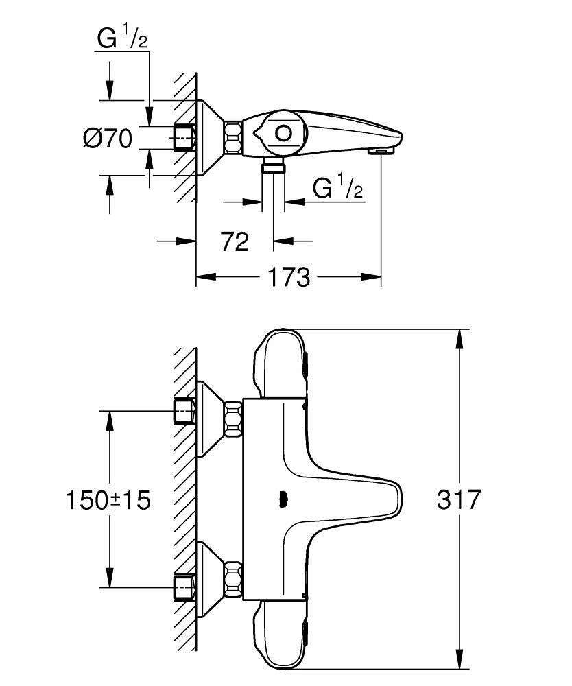 Grohe Grohtherm Termostatik Banyo Bataryası Mat Siyah - 348162433 teknik çizim