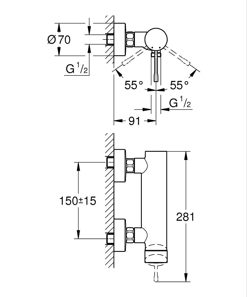 Grohe Essence Tek Kumandalı Duş Bataryası - 33636001 teknik çizim