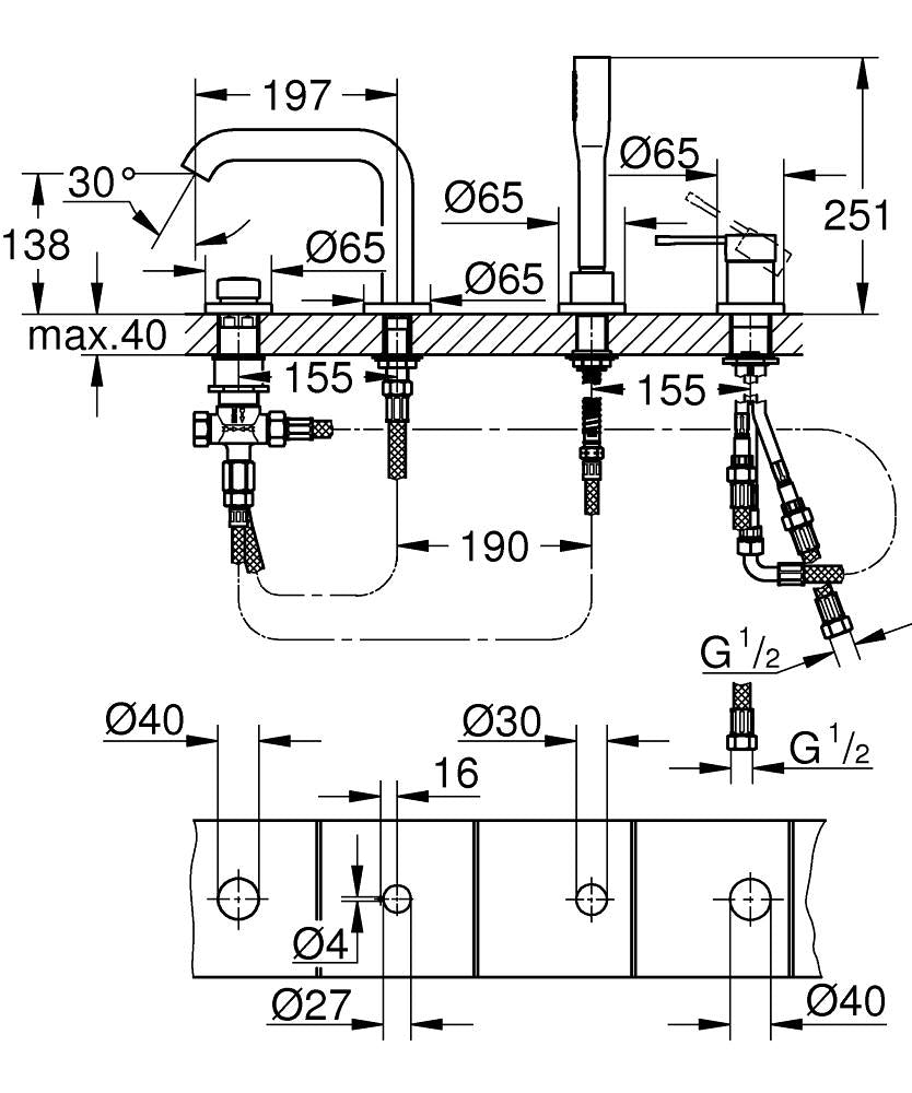 Grohe Küvet Bataryası 4 Delikli Essence Super Steel - 19577DC1 teknik çizim