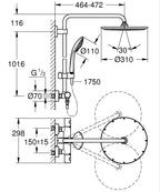Grohe Euphoria System 310 Duvara Monte Termostatik Bataryalı Duş Sistemi Brushed Hard Graphite - 260 teknik çizim