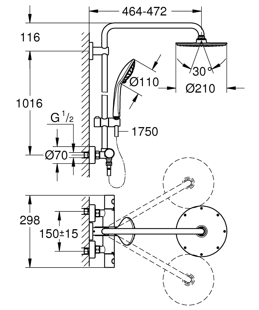 Grohe Duş Batarya Seti Termostatik Tepe + El Duşlu Krom- 27964000 teknik çizim