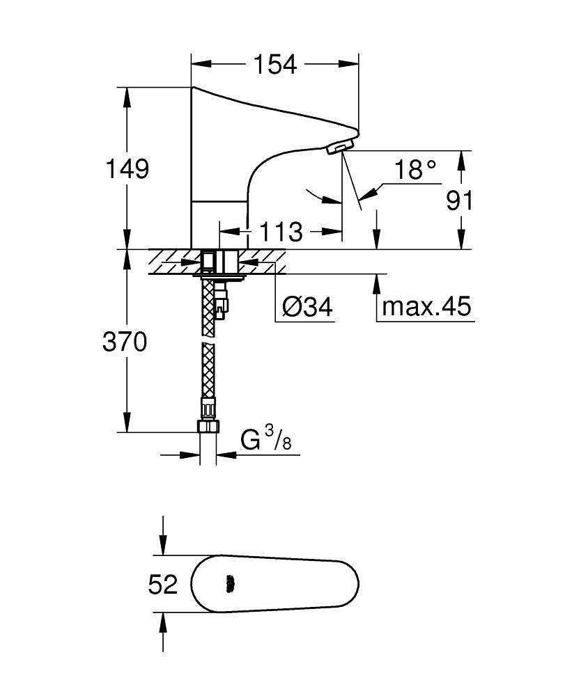 Grohe Europlus E Fotoselli Lavabo Bataryası, Tek Su Girişli Pilli - 36208001 teknik çizim
