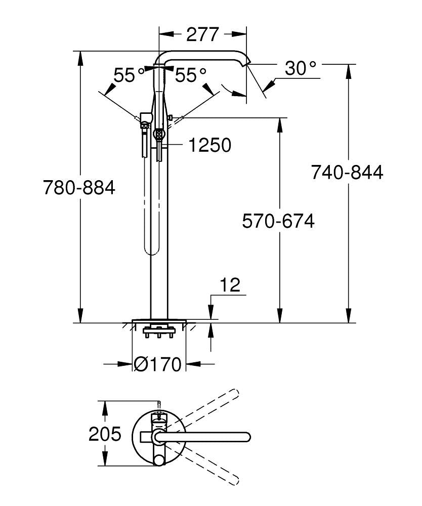Grohe Essence Yerden Küvet Bataryası - 25248001 teknik çizim