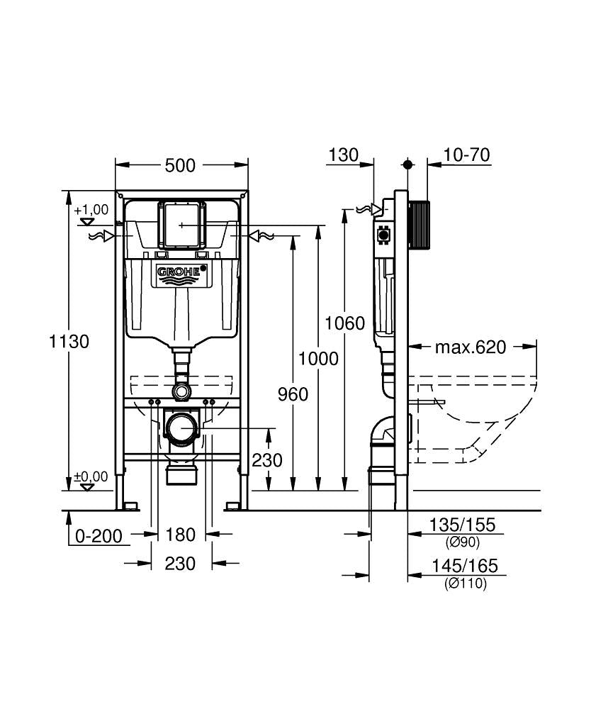 Grohe Rapid SL Gömme Rezervuar Pnömatik Alçıpan Tipi 13 cm - 38528001 teknik çizim