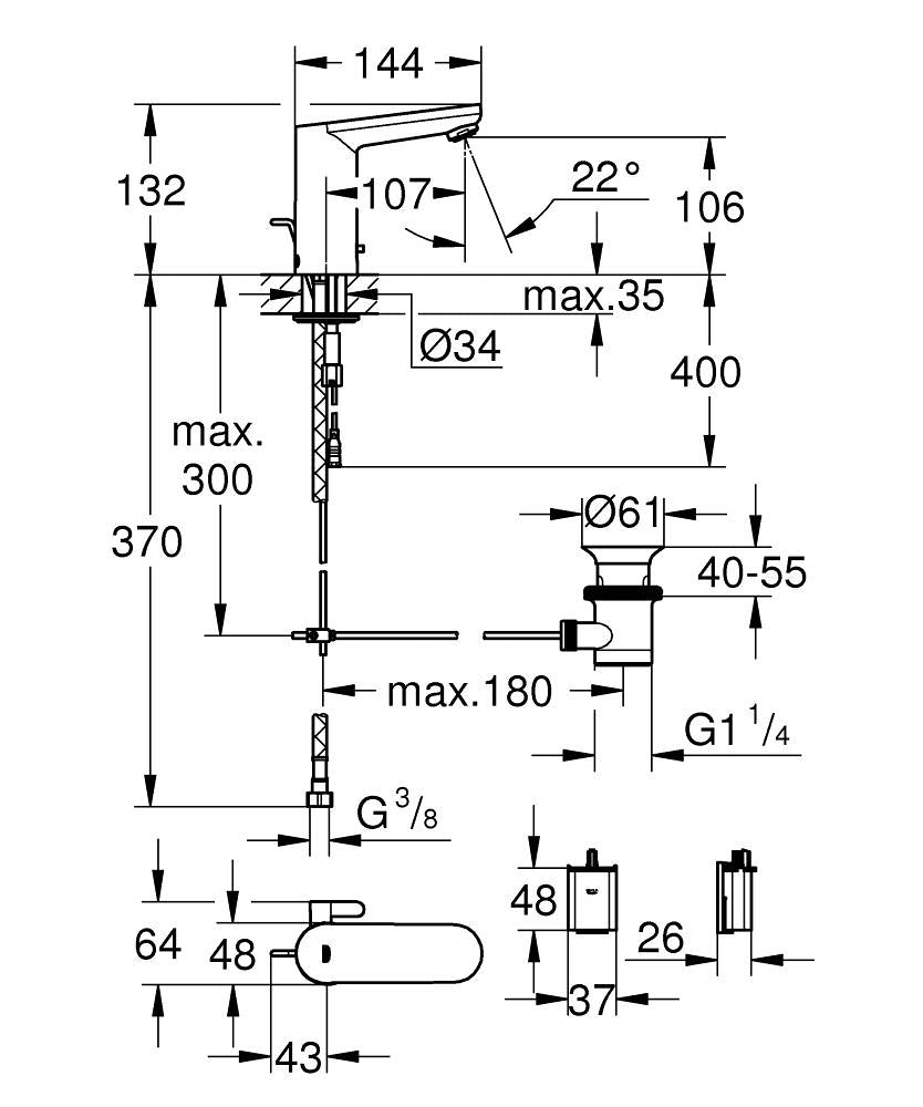 Grohe Fotoselli Lavabo Bat. Çift Su Akışlı Pilli Krom - 36331001 teknik çizim