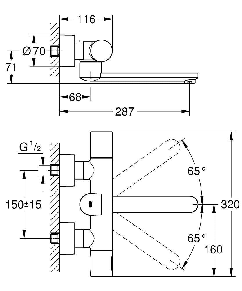 Grohe Eurosmart Cosmo. E Duvardan, Fotoselli Ve Termostatik Lavabo Bataryası- 36332000 teknik çizim