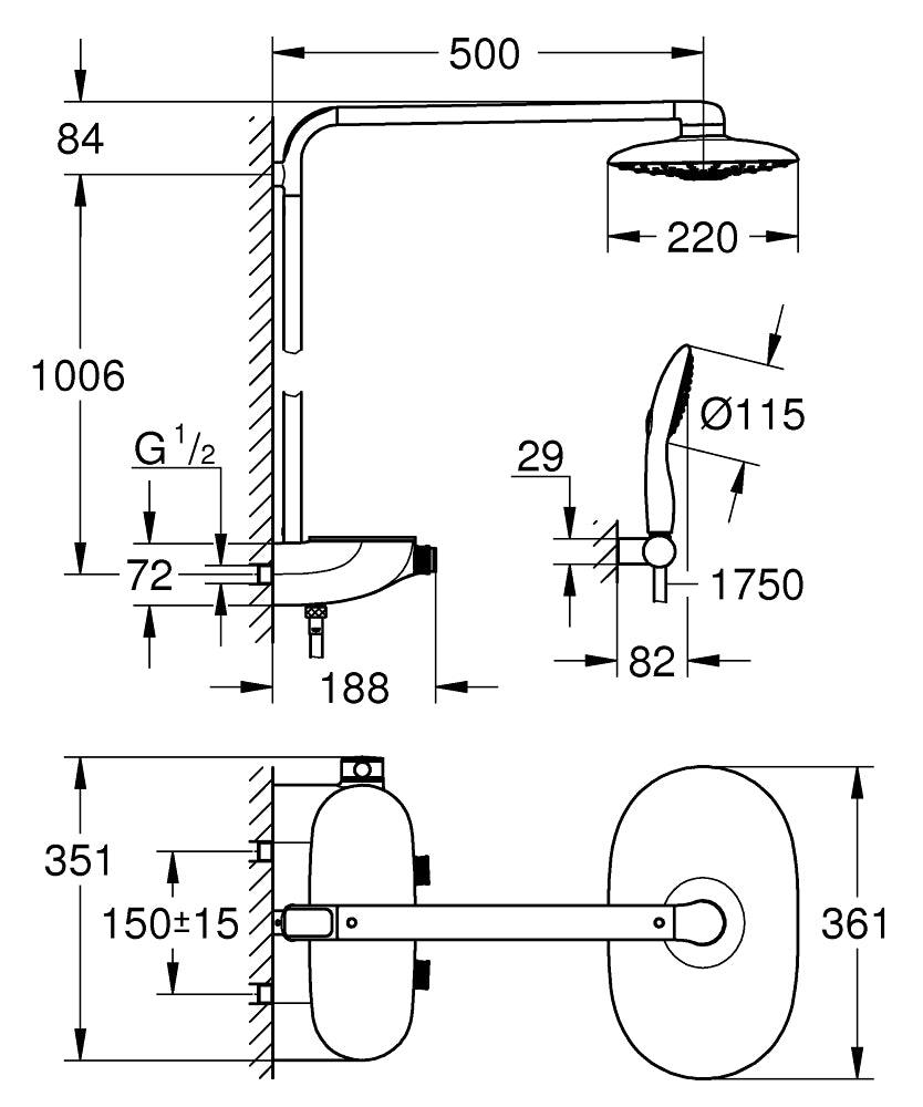 Grohe SmartControl 300 Termostatik Duş Bataryalı Borulu Duş Sistemi - 26250000 teknik çizim