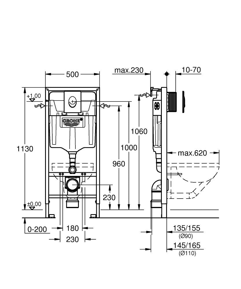 Grohe Rapid Sl 3'Ü 1 Arada Wc Gömme Rezervuar Seti, 1.13 M Montaj Yüksekliği - 38721001 teknik çizim
