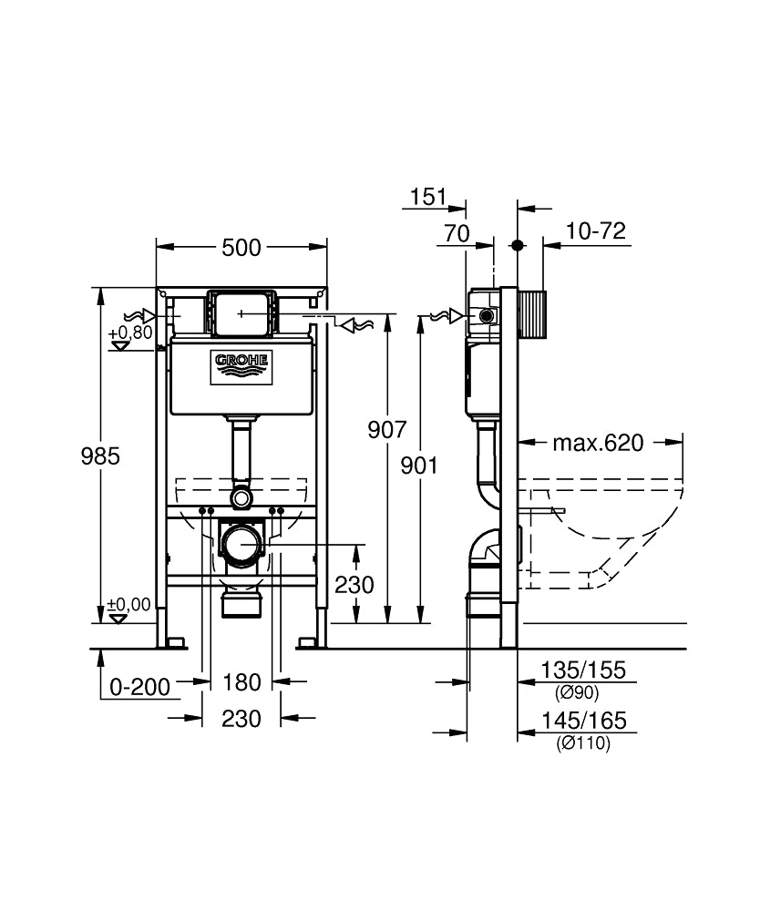 Grohe Rapid SL Gömme Rezervuar Pnömatik Alçıpan Tipi Kısa 15 cm - 38525001 teknik çizim