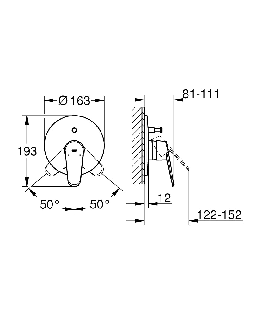 Grohe Eurodisc Cosmopolitan Ankastre Banyo Duş Bataryası - 19548002 teknik çizim