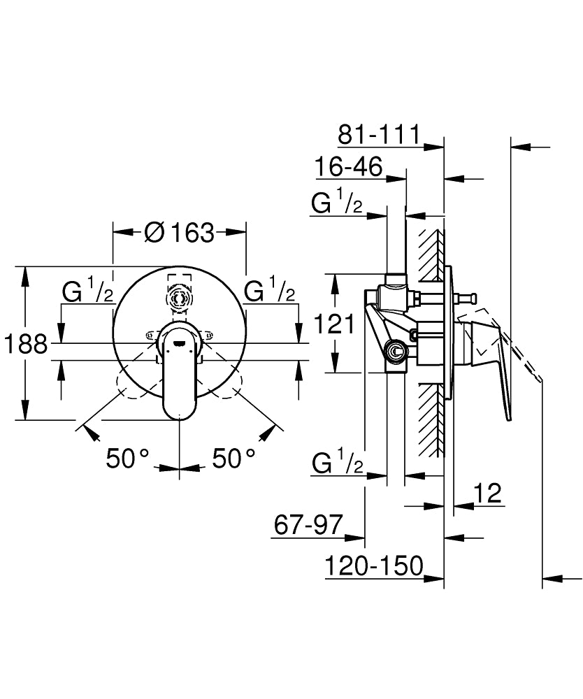 Grohe Ankastre Banyo Bat. 2 Çıkışlı İç Valfi Dahil Krom- 32879000 teknik çizim