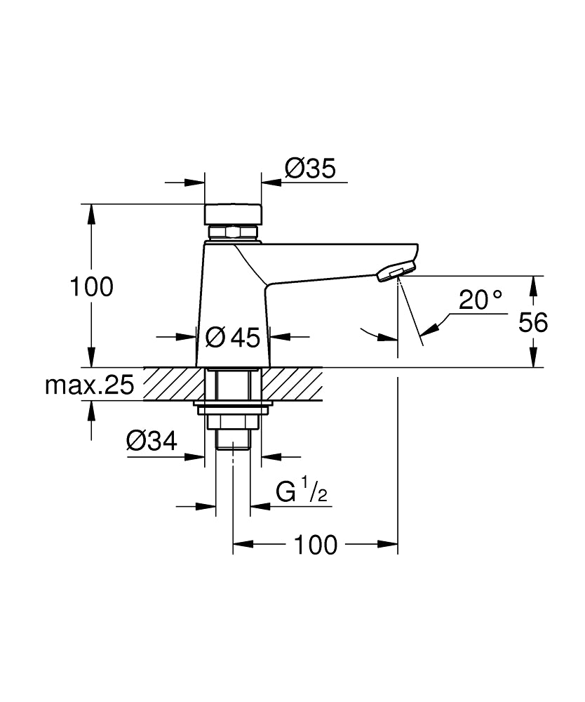 Grohe Zaman Ayarlı Lavabo Batarya Euroeco Cosmopolitan 36265000 teknik çizim