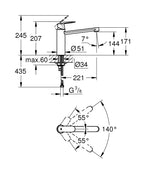 Grohe Eviye Bataryası Döner Borulu  Eurosmart Krom - 30193000 teknik çizim