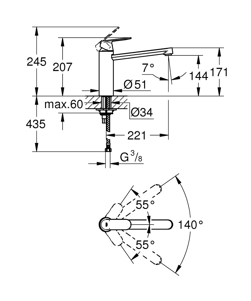 Grohe Eviye Bataryası Döner Borulu  Eurosmart Krom - 30193000 teknik çizim