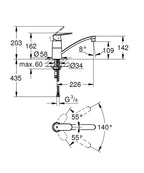 Grohe Eviye Bataryası Döner Borulu Eurosmart Krom - 32842000 teknik çizim