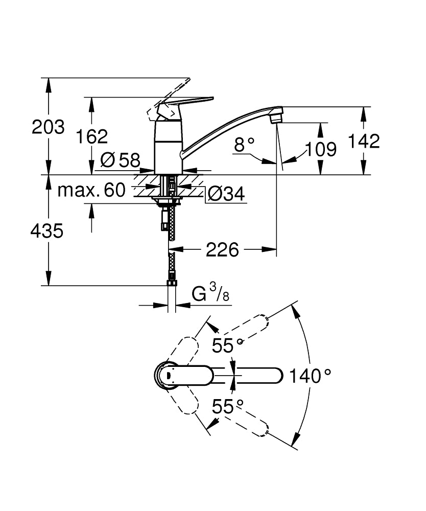 Grohe Eviye Bataryası Döner Borulu Eurosmart Krom - 32842000 teknik çizim