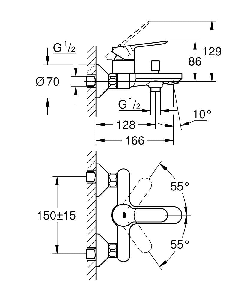 Grohe BauEdge Banyo Bataryası - 23605000 teknik çizim