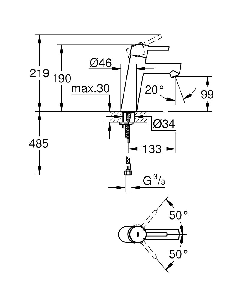 Grohe Lavabo Bataryası Concetto M-Boyut Krom - 23451001 teknik çizim
