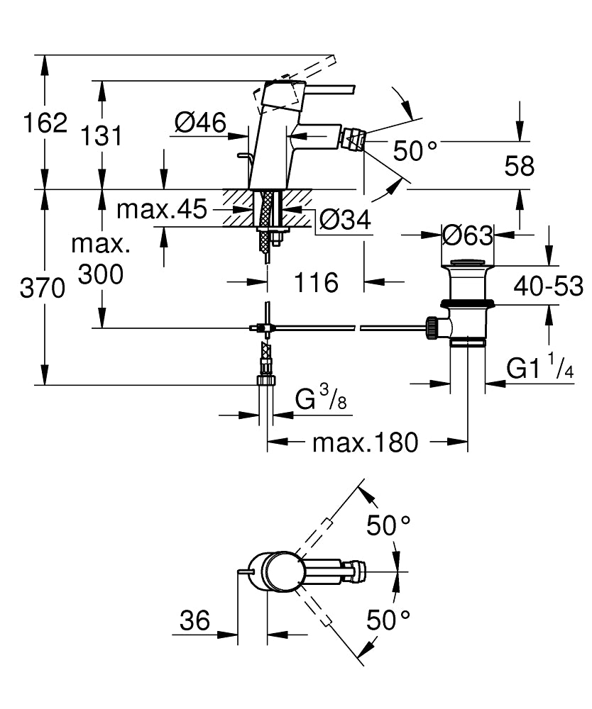 Grohe Concetto Tek Kumandalı Bide Bataryası - 32208001 teknik çizim