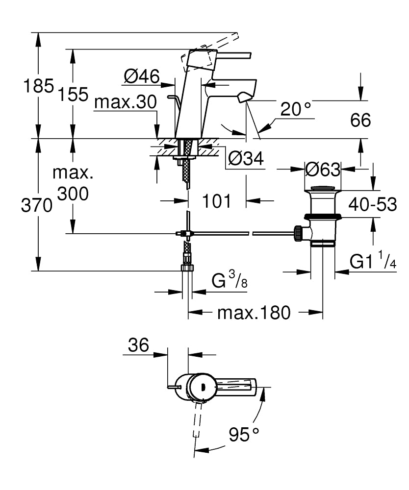 Grohe Lavabo Bataryası Concetto S-Boyut Krom - 2338010E teknik çizim