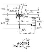 Grohe Lavabo Bataryası Concetto S-Boyut Krom - 3220410E teknik çizim