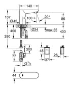 Grohe Fotoselli Lavabo Bataryası Pilli tek su girişli 36271000 teknik çizim