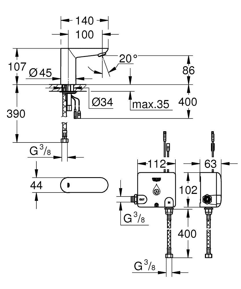 Grohe Euroeco  Cosmopolitan  E Powerbox - 36384000 teknik çizim