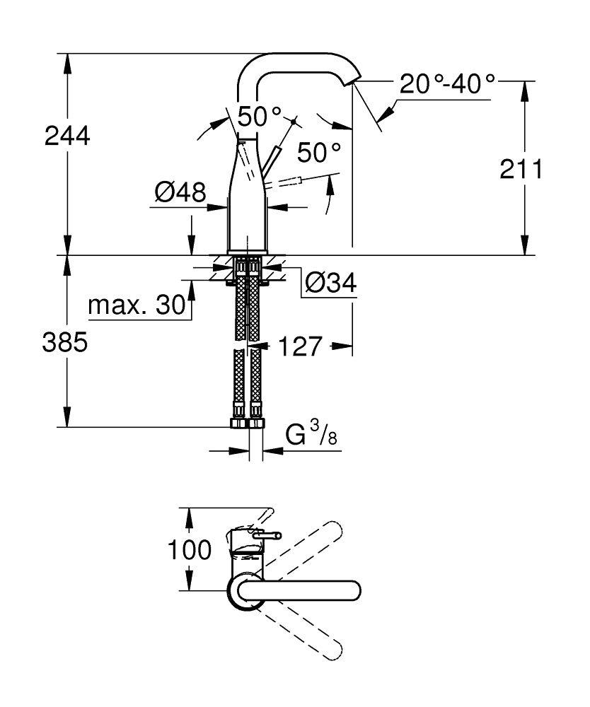 Grohe Lavabo Bataryası Essence L-Boyut Krom - 23541001 teknik çizim