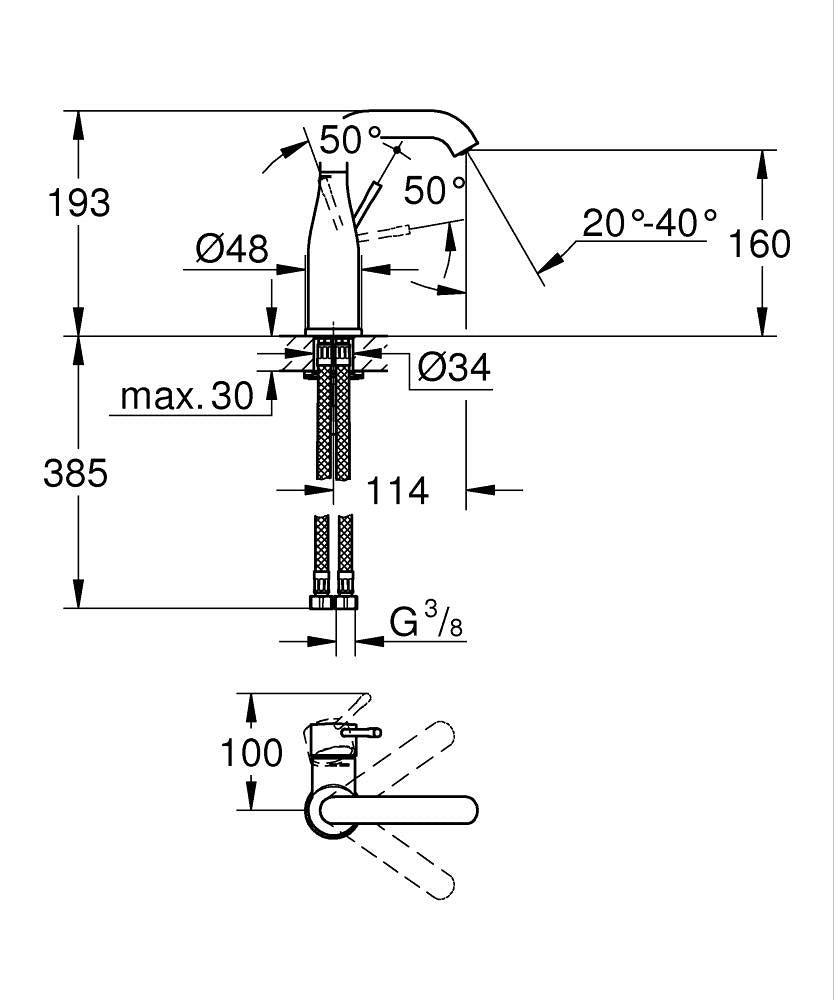 Grohe Essence Tek Kumandalı Lavabo Bataryası M - 24176001 teknik çizim