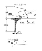 Grohe Europlus E Fotoselli Lavabo Bataryası, Çift Su Girişli Pilli - 36207001 teknik çizim