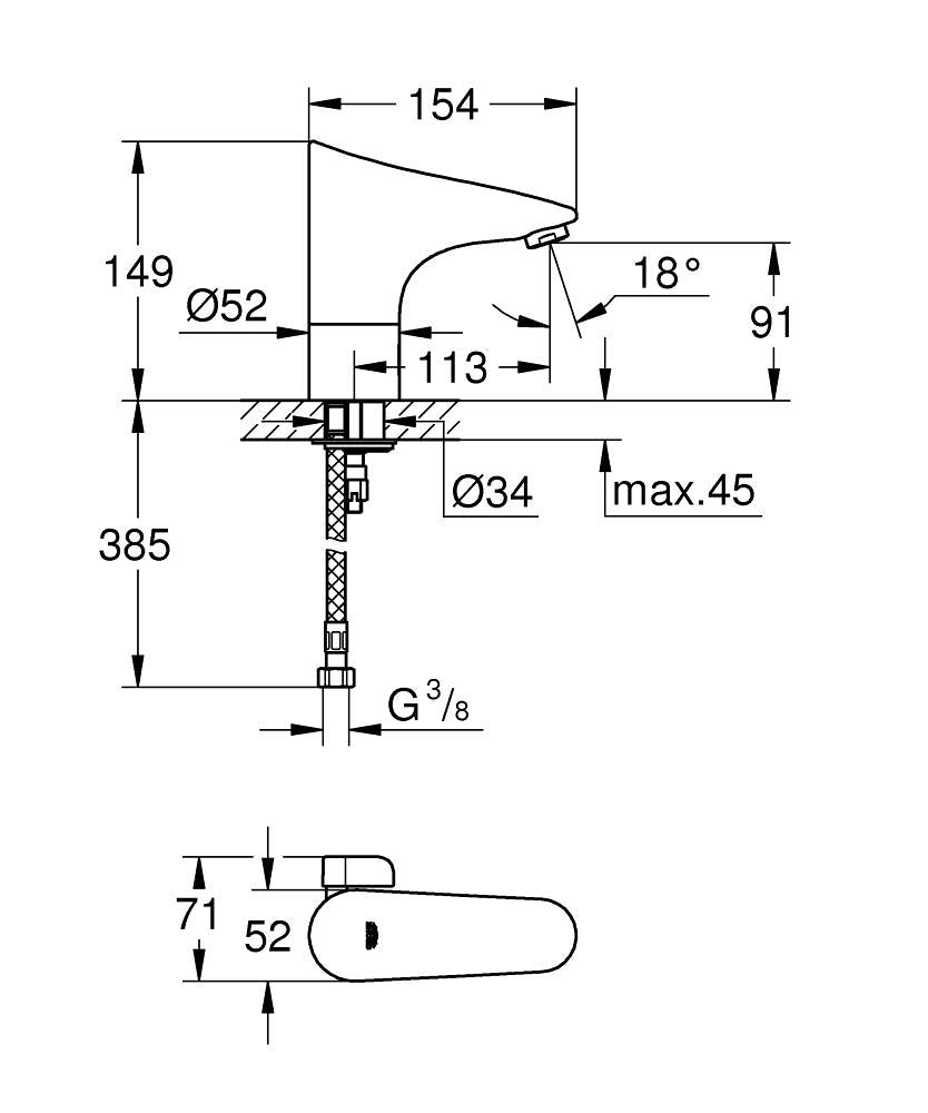 Grohe Europlus E Fotoselli Lavabo Bataryası, Çift Su Girişli Pilli - 36207001 teknik çizim