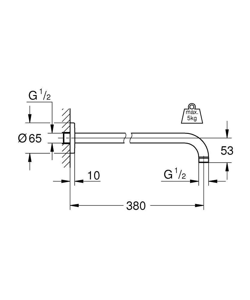 Grohe Rainshower® Tepe Duşu Dirseği Duvardan 380 mm - 28361000 teknik çizim