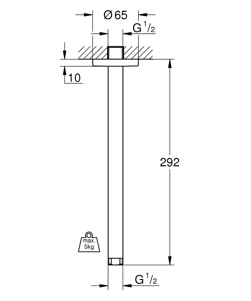 Grohe Rainshower® Tepe Duşu için Tavan İniş Borusu 292 mm - 28497000 teknik çizim