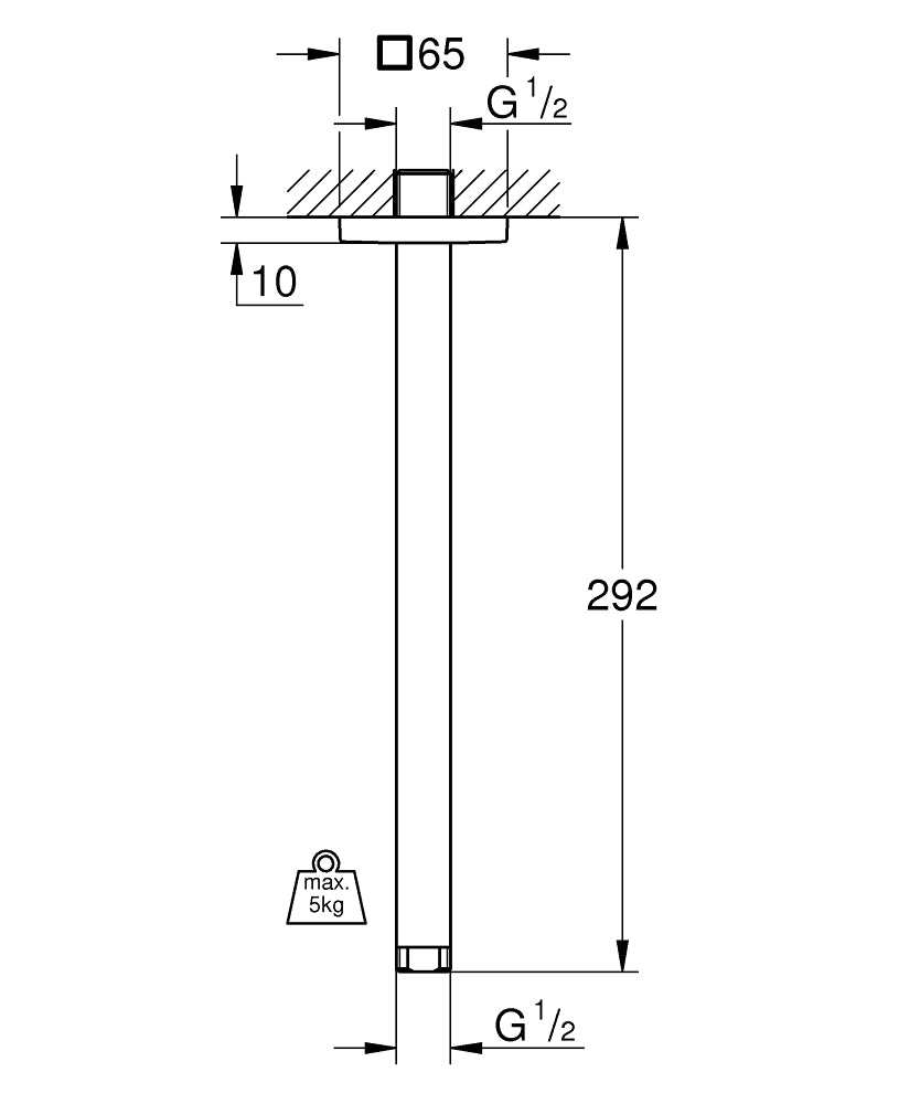 Grohe Rainshower Tepe Duşu Tavan İniş Borusu 292 mm - 27484000 teknik çizim