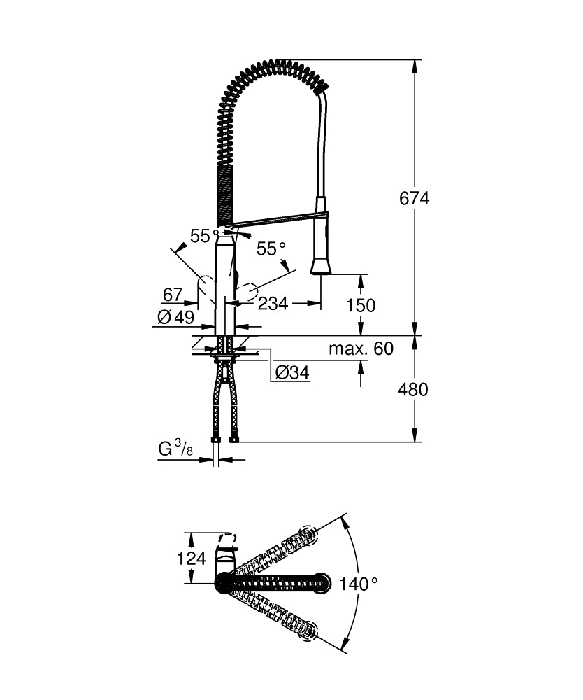 Grohe Eviye Bataryası Spiralli 2Fonk Profes. K7 Krom - 32950000 teknik çizim