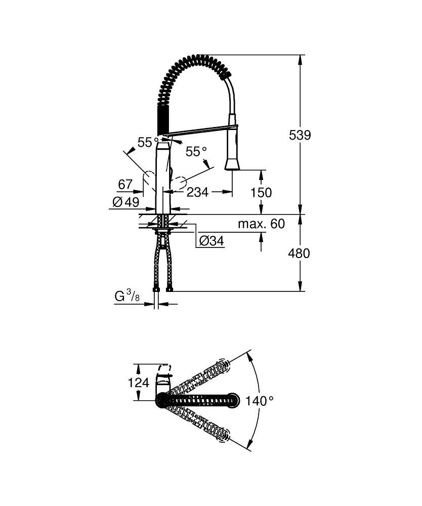 Grohe Eviye Bataryası Spiralli 2Fonk Profesyonel K7 Krom-31379000 teknik çizim