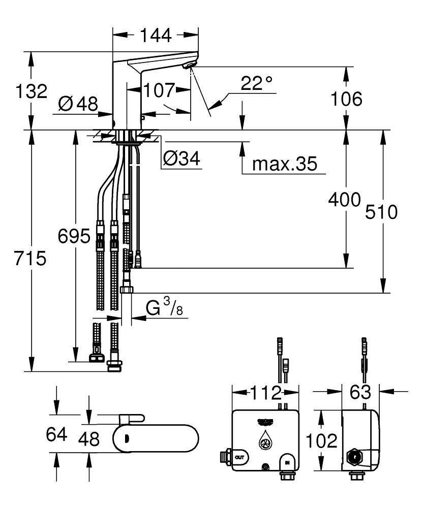 Grohe Eurosmart  Cosmopolitan  E Powerbox - 36386001 teknik çizim