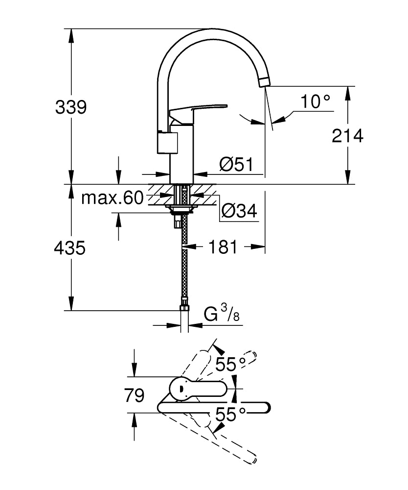 Grohe Eviye Bataryası Döner Borulu Eurostyle Krom - 30221002 teknik çizim