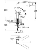 Grohe Eviye Bataryası Döner Borulu Eurocube Krom - 31255000 teknik çizim