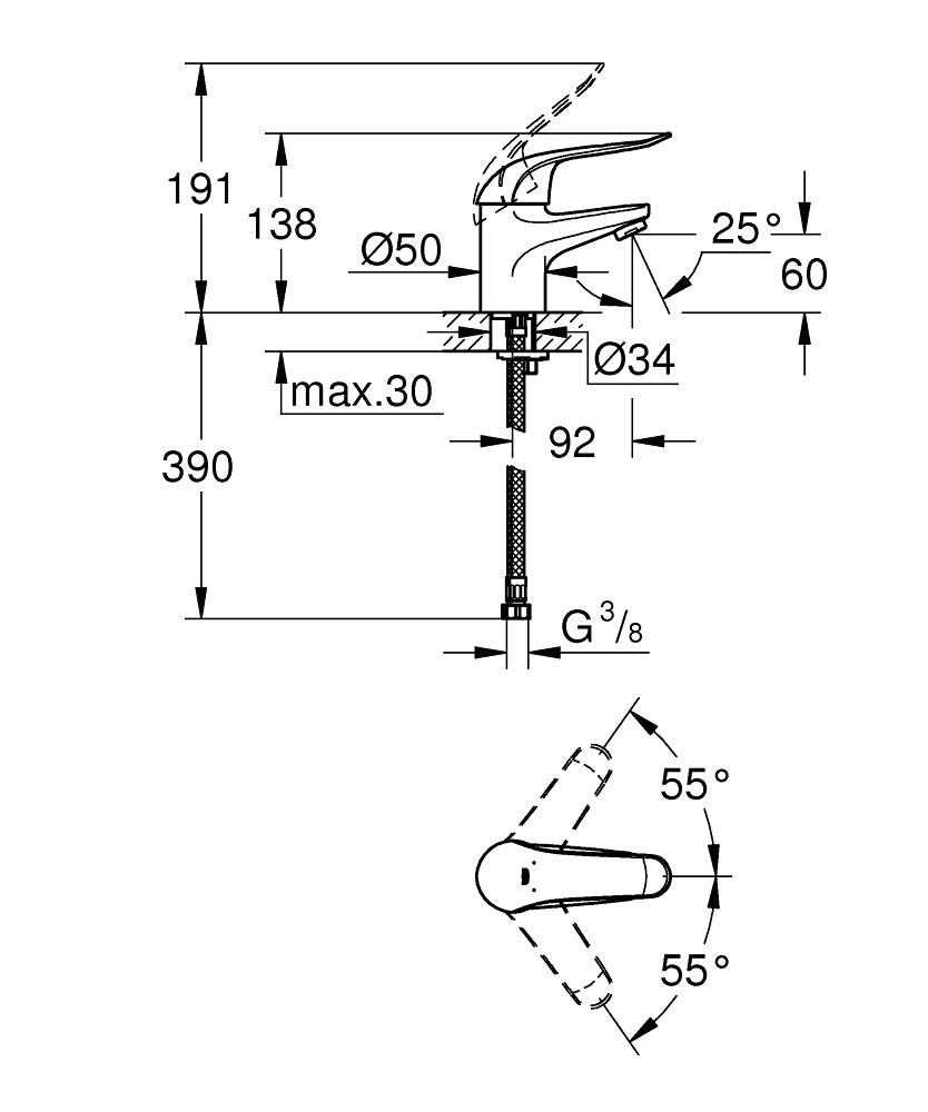 Grohe Lavabo Bataryası Engelli Kullanımına Uygun Krom - 32762000 teknik çizim