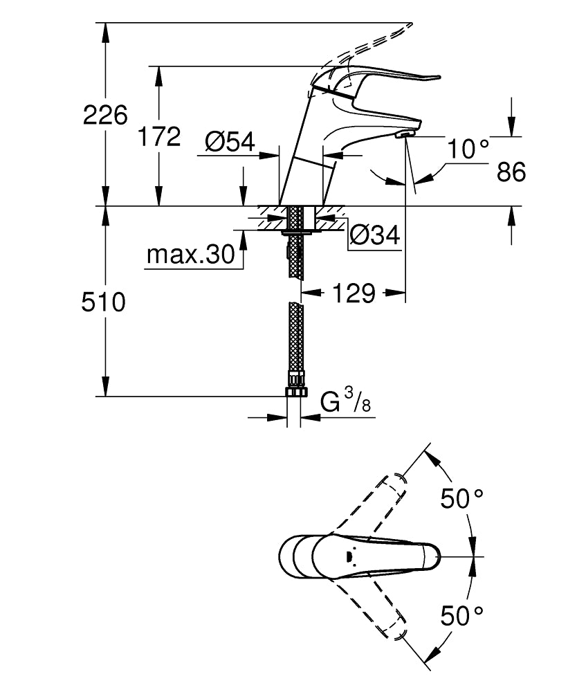 Grohe Lavabo Bataryası Engelli Kullanımına Uygun Krom - 32765000 teknik çizim