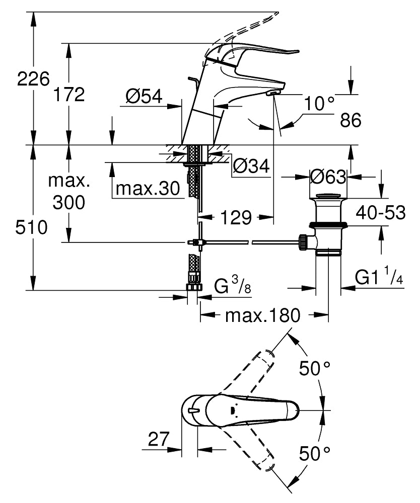 Grohe Lavabo Bataryası Engelli Lavabo İçin Euroeco Krom- 32766000 teknik çizim