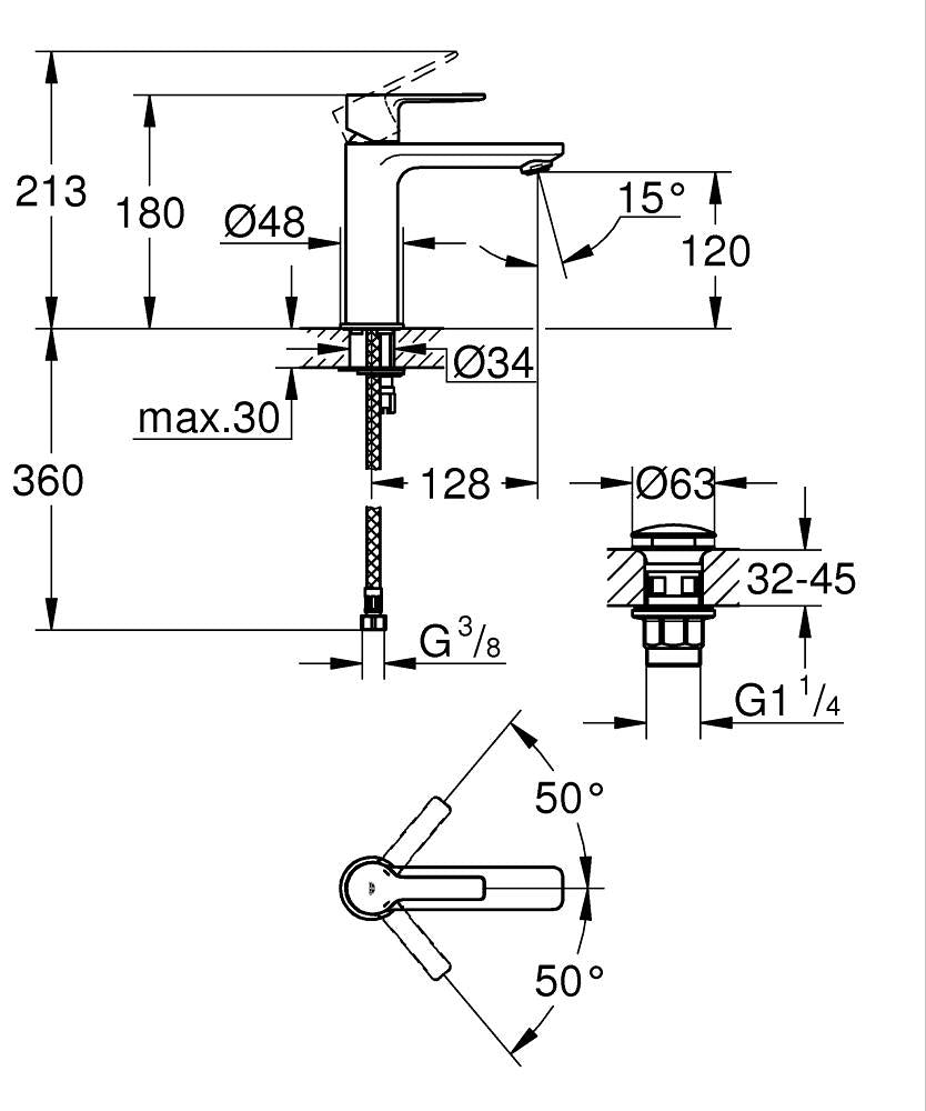 Grohe Lavabo Bataryası Lineare S-Boyut Krom - 23106001 teknik çizim