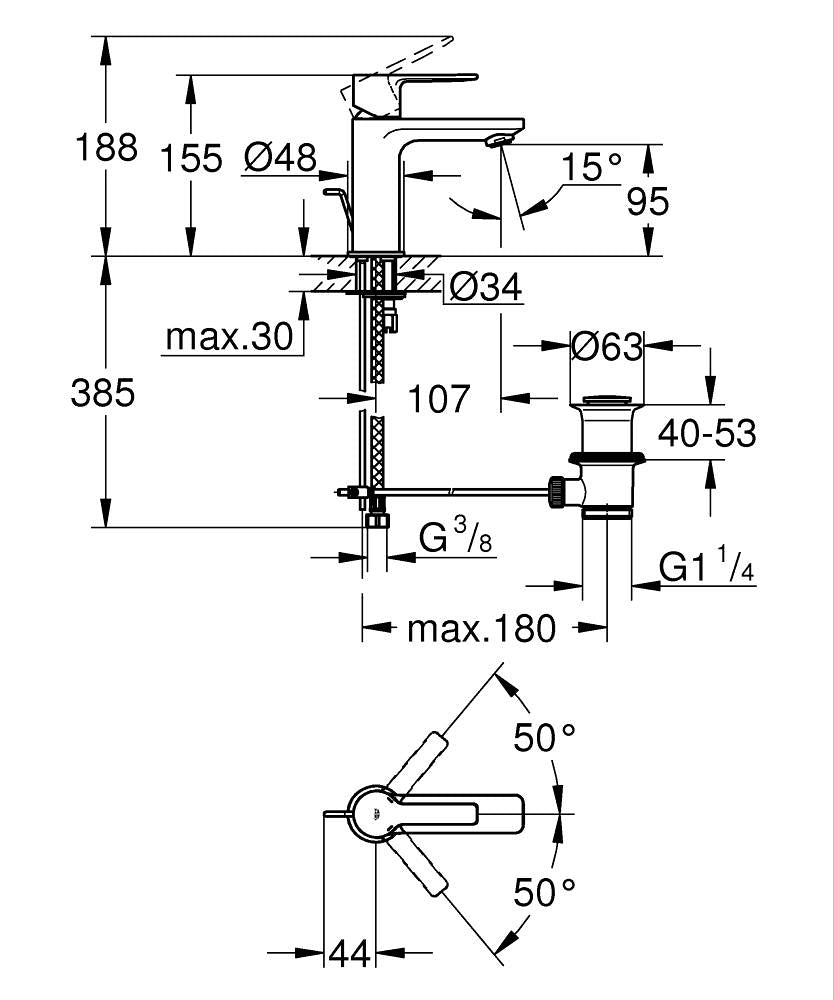 Grohe Lavabo Bataryası Lineare XS-Boyut Krom - 32109001 teknik çizim